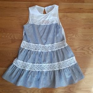 Grey vertical striped dress with lace detail